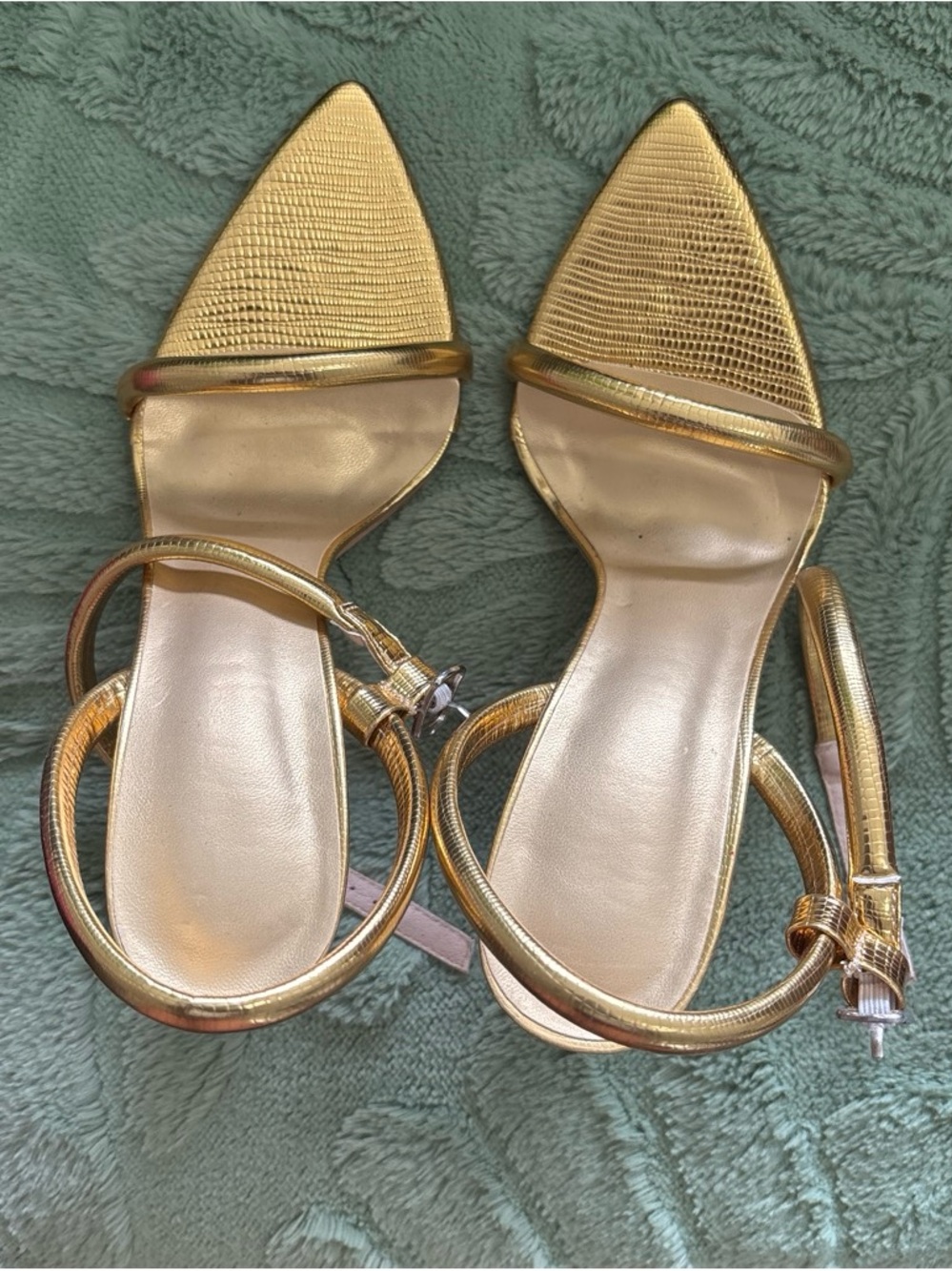 Gold Pointed Toe Ankle Strap Women's Heels